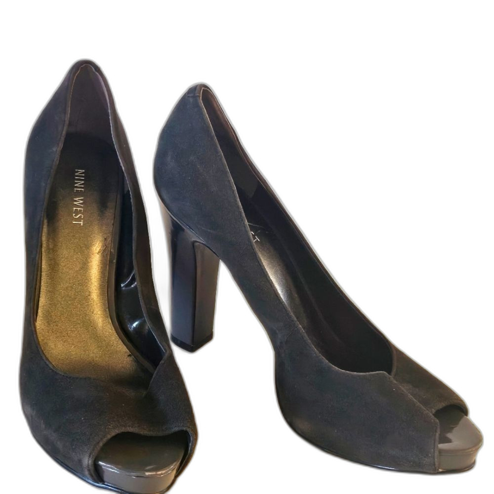 Nine West Dark Gray Suede Peep Toe Patent Heel Pumps Size 8.5